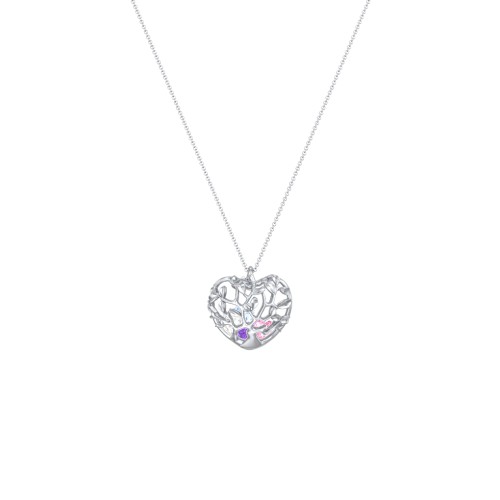 Family Tree Caged Heart Pendant – Sterling Silver with Amethyst, Pink Tourmaline, Cubic Zirconia, and Aquamarine