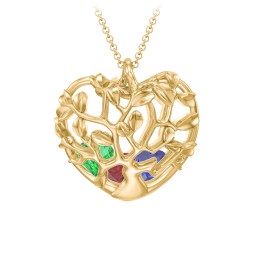 Family Tree Caged Heart Pendant in 9K Solid Yellow Gold with Garnet, Blue Sapphire, and Emerald