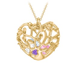Family Tree Caged Heart Pendant in 9K Solid Yellow Gold with Amethyst, Pink Tourmaline, Cubic Zirconia, Aquamarine, and Blue Sapphire