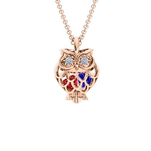 Wise Owl Caged Pendant – 9kt Rose Gold with Garnet, Blue Sapphire, and Cubic Zirconia