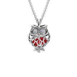 Wise Owl Caged Pendant in 925 Sterling Silver with Garnet and Pink Tourmaline