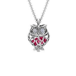 Wise Owl Caged Pendant in 925 Sterling Silver with Ruby and Pink Tourmaline