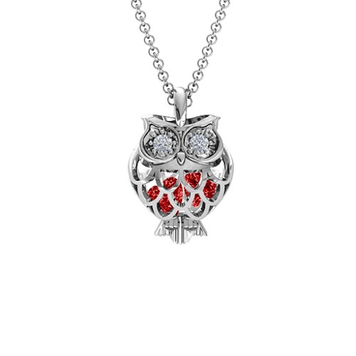 Wise Owl Caged Pendant – Sterling Silver with Garnet and Cubic Zirconia