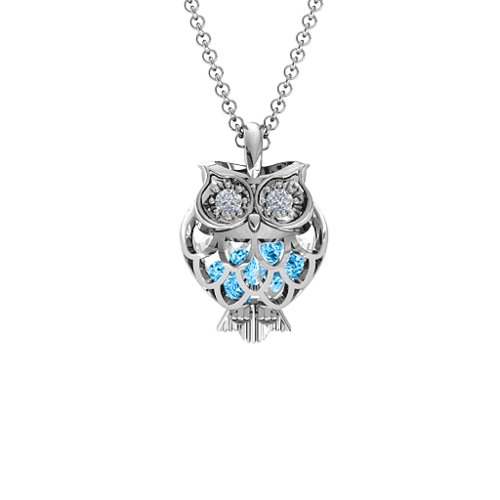 Wise Owl Caged Pendant – Sterling Silver with Blue Topaz and Cubic Zirconia