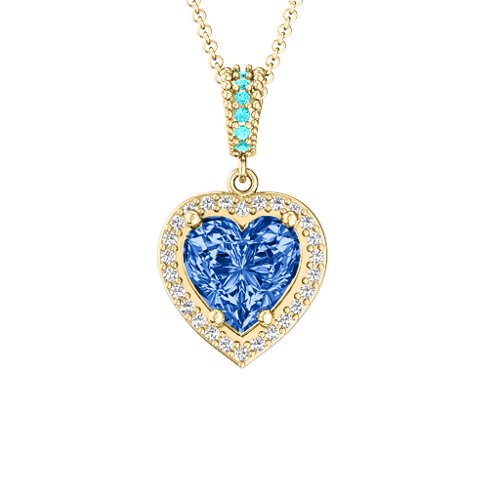 Sparkling Heart Halo Pendant – 9kt Yellow Gold with Fancy Blue Premium Zirconia, White Premium Zirconia, and Mint Premium Zirconia