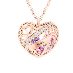 Engravable Heart Cage Pendant With 1 - 6 Heart Gemstones in 9K Solid Rose Gold with Pink Tourmaline, Amethyst, Aquamarine, and Emerald