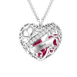 Engravable Heart Cage Pendant With 1 - 6 Heart Gemstones in 925 Sterling Silver with Ruby, Aquamarine, and Emerald