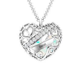 Engravable Heart Cage Pendant With 1 - 6 Heart Gemstones in 925 Sterling Silver with Opal, Aquamarine, and Emerald