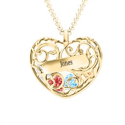 Fancy Filigree Engravable Cage Heart Pendant in 9K Solid Yellow Gold with Garnet, Blue Topaz, Citrine, and Cubic Zirconia