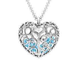 Filigree Lock & Key Heart Cage Pendant in 925 Sterling Silver with Blue Topaz, Aquamarine, and Emerald