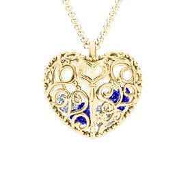 Filigree Lock & Key Heart Cage Pendant in 9K Solid Yellow Gold with Blue Sapphire, Cubic Zirconia, Aquamarine, and Emerald