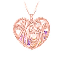 Graceful Mom Heart Cage Pendant With 2-8 Birthstones in 9K Solid Rose Gold with Amethyst, Citrine, Pink Tourmaline, Emerald, Blue Sapphire, Blue Topaz, and Ruby