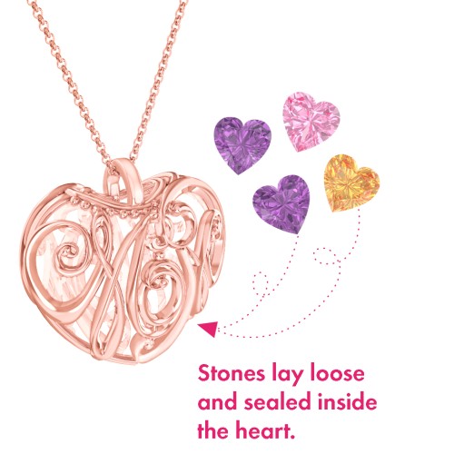 Graceful Mom Heart Cage Pendant With 2-8 Birthstones – 9kt Rose Gold with Amethyst, Citrine, and Pink Tourmaline