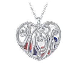 Graceful Mom Heart Cage Pendant With 2-8 Birthstones in 925 Sterling Silver with Blue Sapphire, Garnet, Emerald, Blue Topaz, and Ruby