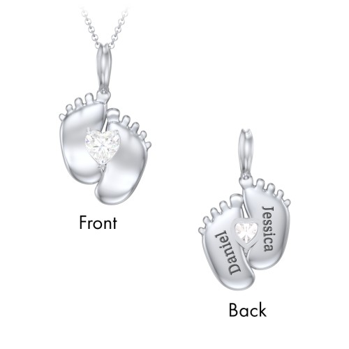 Engravable Baby Feet Birthstone Pendant – Sterling Silver with Diamond