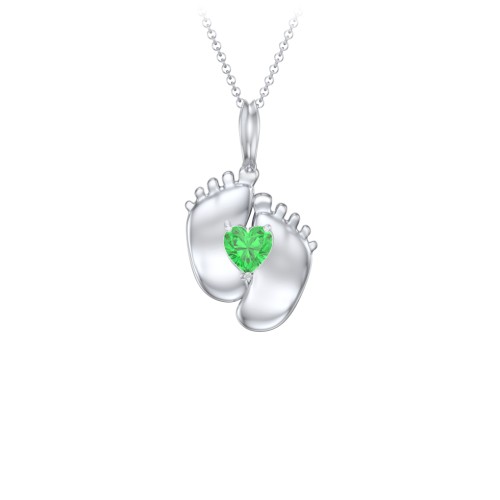 Engravable Baby Feet Birthstone Pendant – Sterling Silver with Emerald