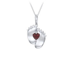 Engravable Baby Feet Birthstone Pendant in 925 Sterling Silver with Garnet