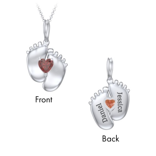 Engravable Baby Feet Birthstone Pendant – Sterling Silver with Garnet