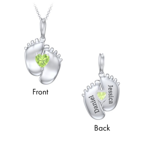 Engravable Baby Feet Birthstone Pendant – Sterling Silver with Peridot