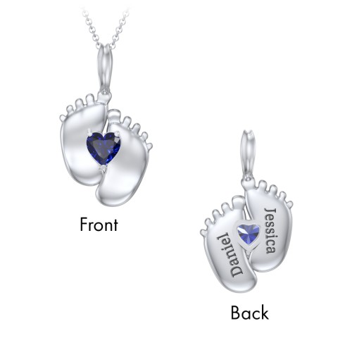 Engravable Baby Feet Birthstone Pendant – Sterling Silver with Blue Sapphire