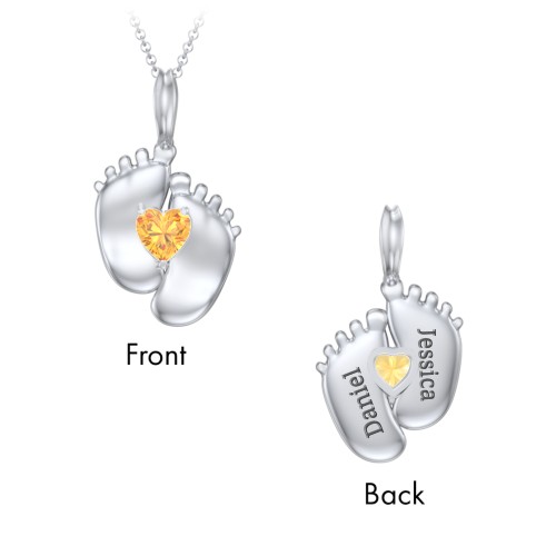 Engravable Baby Feet Birthstone Pendant – Sterling Silver with Citrine