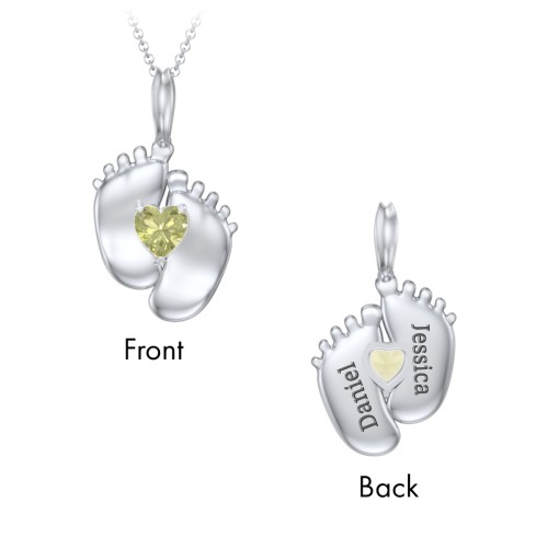 Engravable Baby Feet Birthstone Pendant – Sterling Silver with Peridot