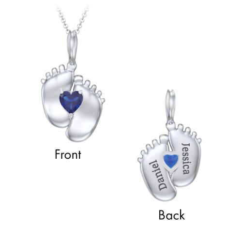 Engravable Baby Feet Birthstone Pendant – Sterling Silver with Blue Sapphire