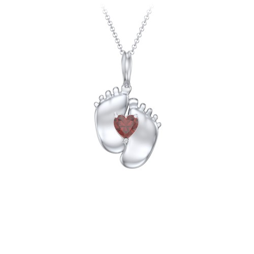 Engravable Baby Feet Birthstone Pendant – Sterling Silver with Garnet