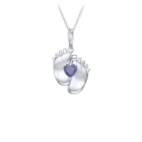 Engravable Baby Feet Birthstone Pendant – Sterling Silver with Blue Sapphire