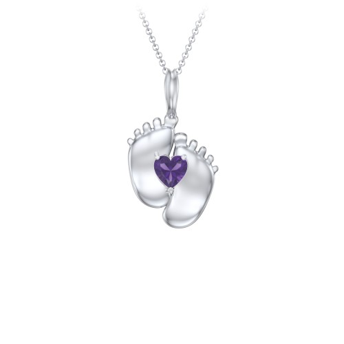 Engravable Baby Feet Birthstone Pendant – Sterling Silver with Amethyst