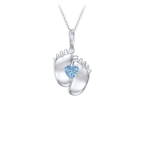 Engravable Baby Feet Birthstone Pendant – Sterling Silver with Blue Topaz