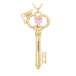 2022 Graduation Key Pendant in 18K Gold Plated Silver with Pink Tourmaline