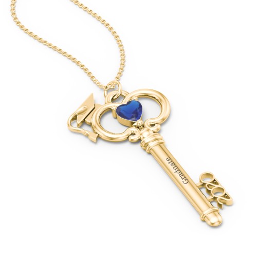 Graduation Key Pendant – 18K Gold Plated Silver with Blue Sapphire