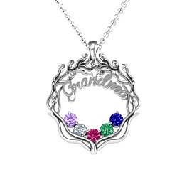 Grandma's Love Family Tree Pendant in 925 Sterling Silver with Amethyst, Cubic Zirconia, Ruby, Emerald, and Blue Sapphire