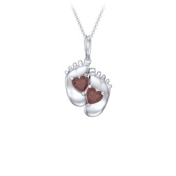 Engravable Baby Feet Two Stone Pendant in 925 Sterling Silver with Garnet