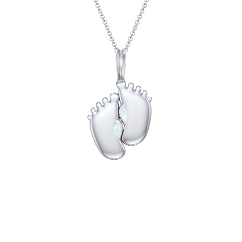 Engravable Baby Feet Two Stone Pendant – Sterling Silver with Blue Topaz
