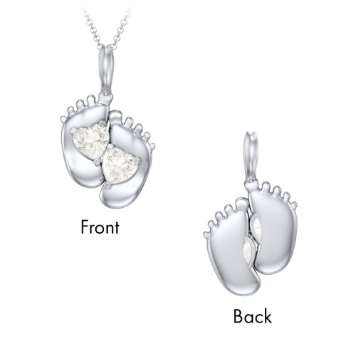 Engravable Baby Feet Two Stone Pendant – Sterling Silver with Cubic Zirconia