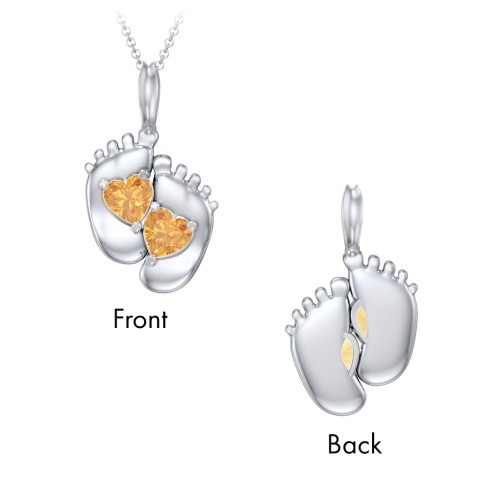 Engravable Baby Feet Two Stone Pendant – Sterling Silver with Citrine