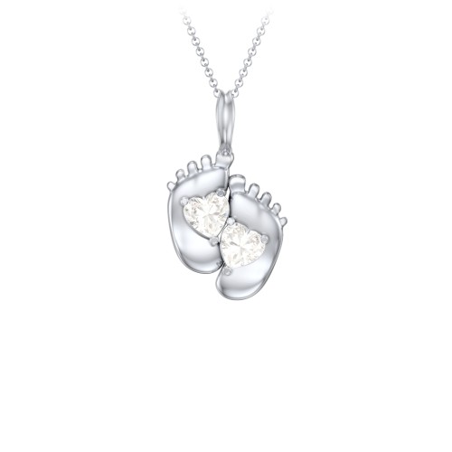Engravable Baby Feet Two Stone Pendant – Sterling Silver with Cubic Zirconia