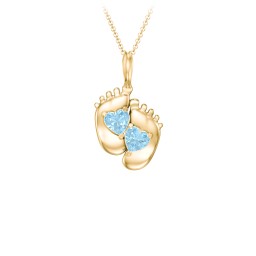 Engravable Baby Feet Two Stone Pendant in 9K Solid Yellow Gold with Blue Topaz