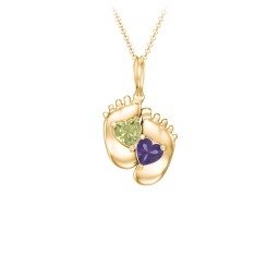 Engravable Baby Feet Two Stone Pendant in 9K Solid Yellow Gold with Peridot and Amethyst