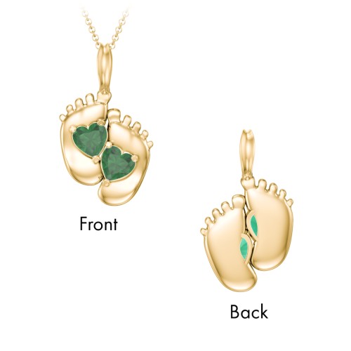 Engravable Baby Feet Two Stone Pendant – 9kt Yellow Gold with Emerald