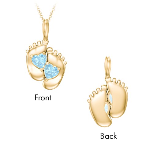 Engravable Baby Feet Two Stone Pendant – 9kt Yellow Gold with Blue Topaz