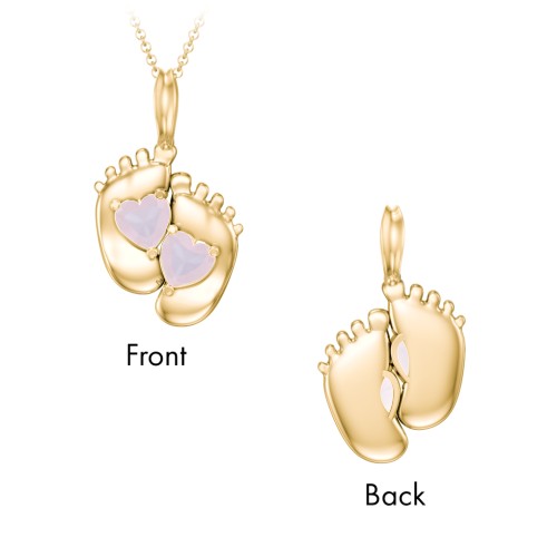 Engravable Baby Feet Two Stone Pendant – 9kt Yellow Gold with Opal