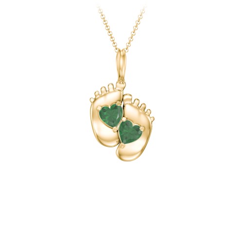 Engravable Baby Feet Two Stone Pendant – 9kt Yellow Gold with Emerald