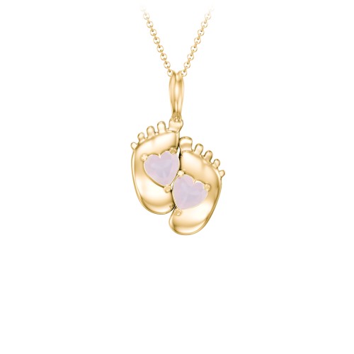 Engravable Baby Feet Two Stone Pendant – 9kt Yellow Gold with Opal