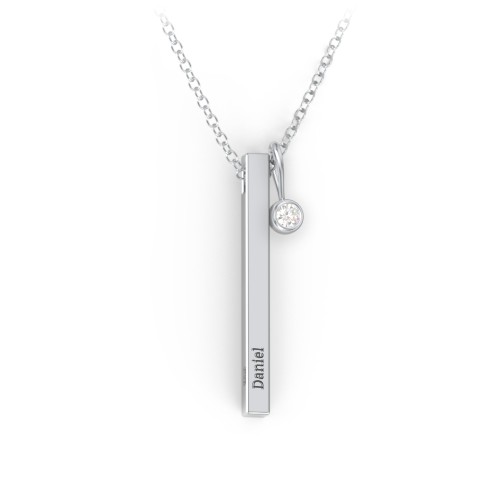 Vertical 3D Bar Necklace with Engraving – Sterling Silver with Lab Diamond