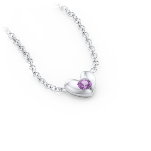 Puffed Heart Pendant with Gemstone – Sterling Silver with Amethyst