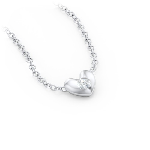 Puffed Heart Pendant with Gemstone – Sterling Silver with Diamond