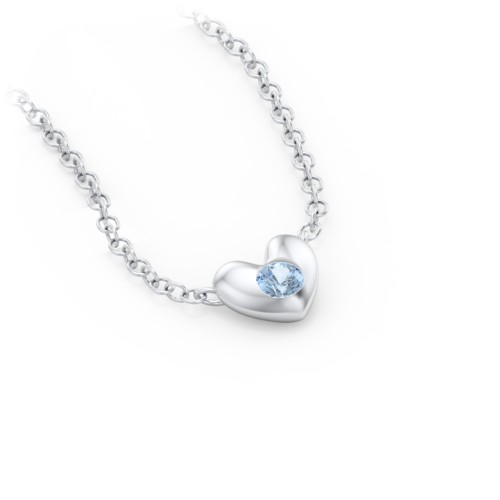 Puffed Heart Pendant with Gemstone – Sterling Silver with Blue Topaz